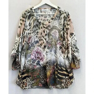 Gigi Moda Women's XL Multicolor Floral Animal Print Button Lightweight Sheer Top